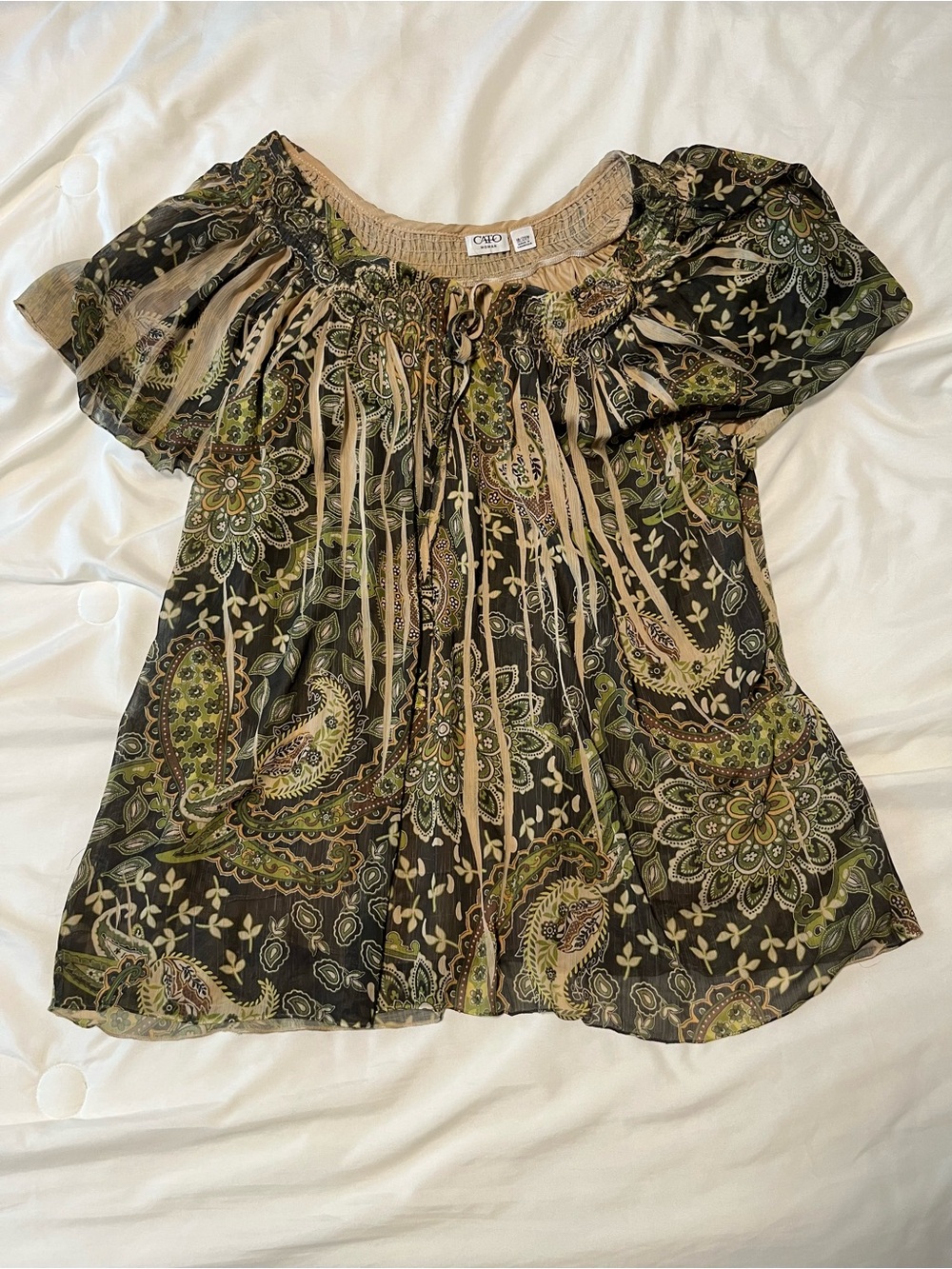 Cato Olive/Tan Paisley Short Sleeve Peasant Blouse with Tie Keyhole Size 18/20W